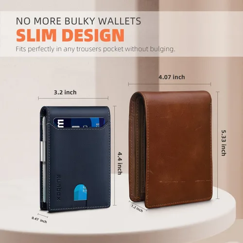 Vista 124 de RUNBOX - Carteras delgadas para hombre, cartera de piel con pinza para el dinero, cartera de bolsillo frontal con bloqueo RFID, tarjetero