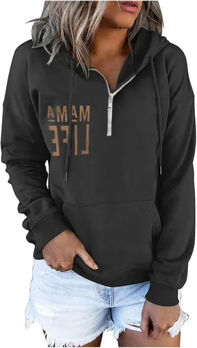 Vista 4 de Sudadera con capucha y media cremallera para mujer, con cordón, atlética, moderna, con bolsillo frontal, manga larga, para otoño