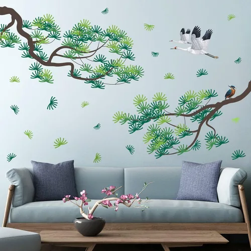 Vista 9 de Adhesivo decorativo para pared de ramas de ciruelo rojo 3D, diseño creativo, pájaros, estilo pastoral, extraíble, despegar y pegar, para niños