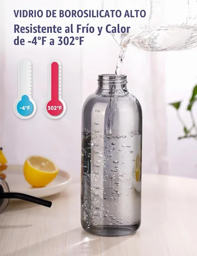 Vista 4 de NiHome Botella de agua de vidrio de 25 oz/25.4 fl oz con pajitas de metal Gris ahumado