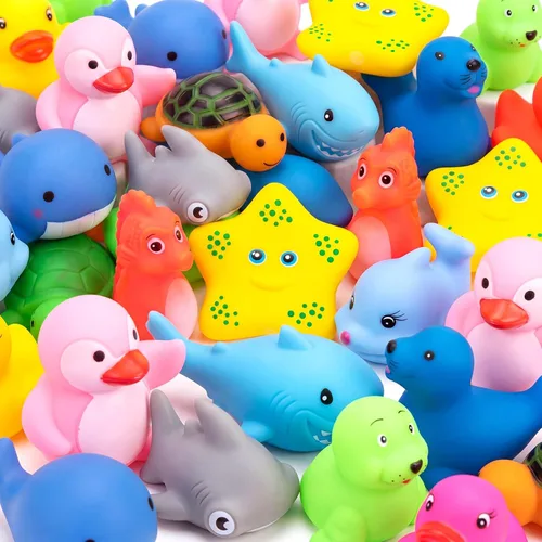 Vista 7 de Poen 100 juguetes de baño de goma a granel, lindos animales marinos, juguetes flotantes, animales chirriantes para fiestas de cumpleaños, regalos