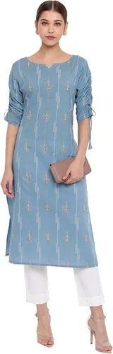 Vista 3 de Janasya Kurta de algodón estampado de mangas azules para mujer india