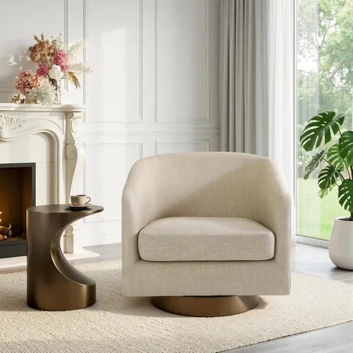 Vista 13 de Silla Giratoria de Acento de Cuero Sintético con Base de Madera, Sillas de Barril Tapizadas Modernas para Sala de Estar, Cómodo Sillón Redondo Sofá