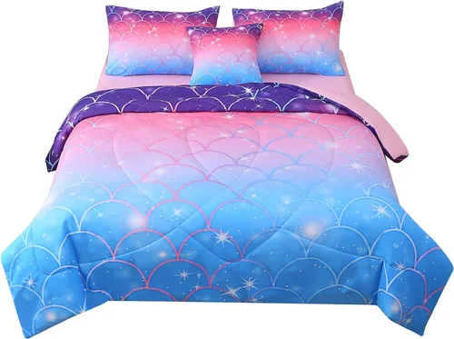 Vista 21 de JQinHome Juego de edredón con purpurina, tamaño individual, juego de ropa de cama en una bolsa de 6 piezas en 3D colorido degradado para niñas