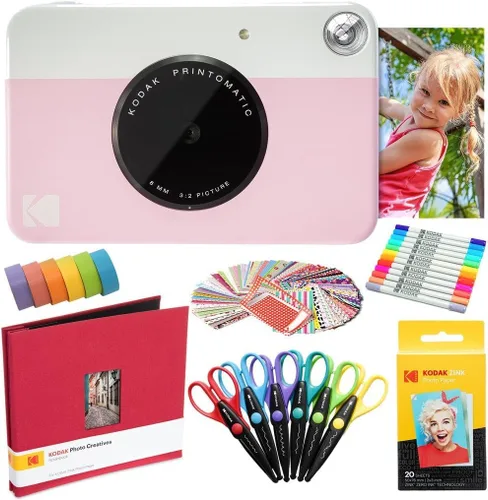 Vista 8 de Kodak Printomatic - Paquete de arte para cámara instantánea (azul) + papel Zink (20 hojas) + álbum de recortes de tela de 8 x 8 + 12 marcadores