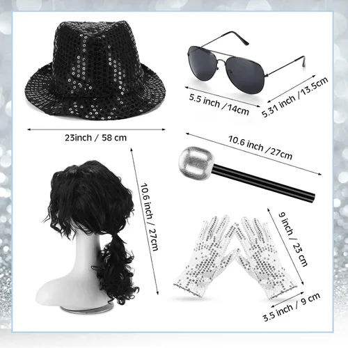 Vista 2 de 6 piezas de disfraz pop de Halloween, disfraz de estrella de baile con guante, sombrero, lentes de sol, auricular, peluca con micrófono