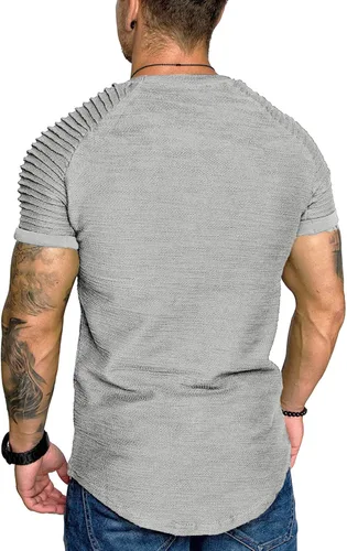 Vista 4 de COOFANDY - Camiseta muscular para hombre, camiseta de manga raglán plisada para culturismo, camisetas a la moda de manga corta para entrenar