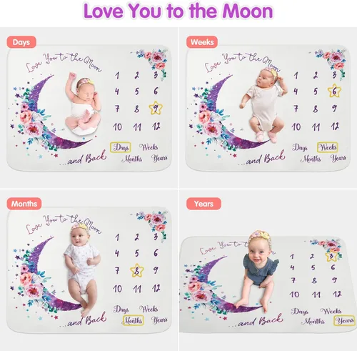 Vista 5 de Manta mensual de hitos para bebé, 51 x 40 pulgadas, manta de regalo para baby shower, manta de felpa suave para niños y niñas, mantas unisex