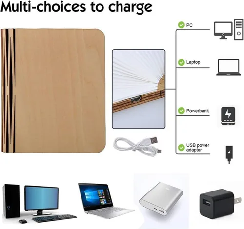 Vista 7 de tooloflife Lámpara de libro plegable novedad lámpara de mesa de madera portátil luz de escritorio LED linterna de papel con USB recargable