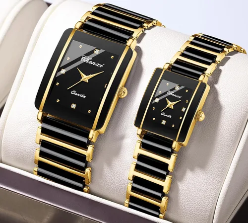 Vista 3 de Gosasa Relojes vintage para parejas hombres y mujeres, reloj de cuarzo a juego cuadrado de cerámica para él y para ella, conjunto de relojes de par