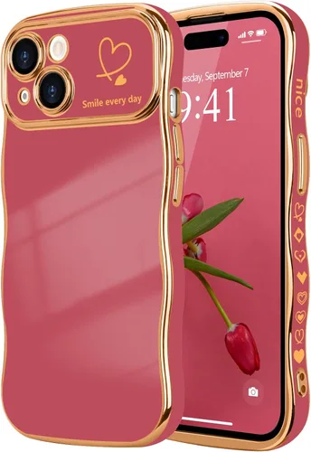 Vista 106 de LCHULLE - Funda para iPhone Air, linda para mujeres y niñas, con forma de onda, color azul bebé Luxury Plating Curly Wavy Frame with Love Heart