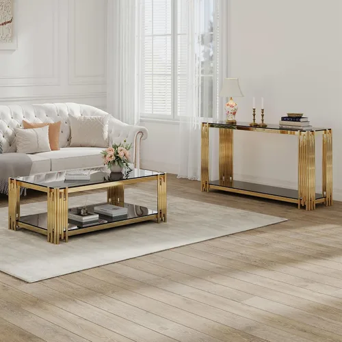 Vista 4 de SSLine Mesa consola moderna de lujo, mesa rectangular de cristal para entrada de pasillo, sala de estar, almacenamiento de 2 niveles, diseño