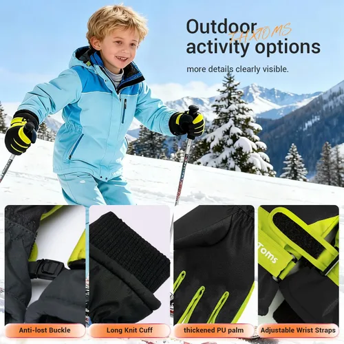 Vista 4 de ThxToms Guantes de invierno para niños, impermeables, guantes de nieve para niños y niñas, clima frío, deportes al aire libre, snowboard, bicicleta