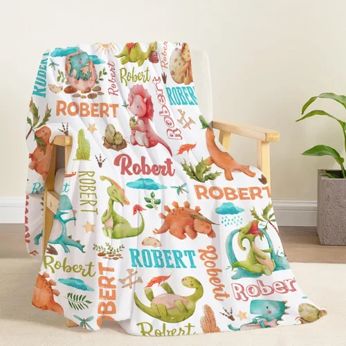Vista 43 de Manta de regalo personalizada de dinosaurio con nombre para niñas, niños, recién nacidos, dinosaurio, manta personalizada para envolver al bebé