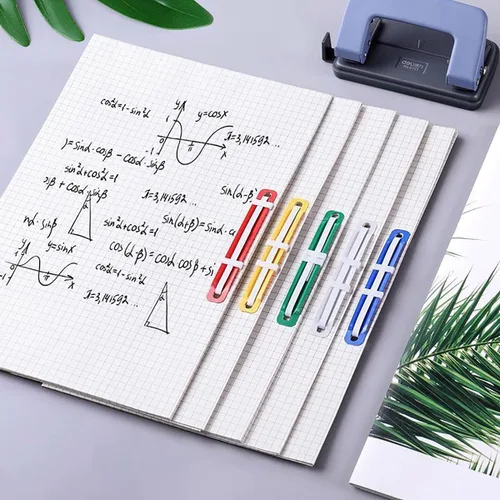 Vista 4 de 100 sujetadores de papel de plástico coloridos sujetadores de archivos de documentos de plástico de 2 agujeros, clips de carpeta de papel