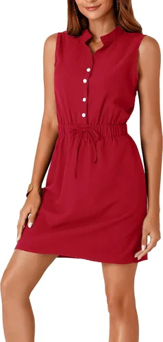 Vista 3 de LYANER Minivestido de trabajo con cuello en V para mujer, sin mangas, con botones en la parte delantera y cordón