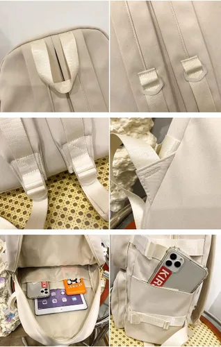 Vista 5 de Linda mochila con lindos accesorios de alfiler colgante de felpa para mochila escolar mochila estudiante niña, Beige, Grande, Mochilas de mochila