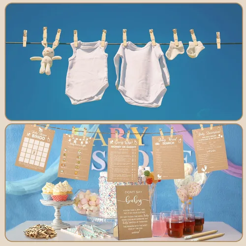 Vista 5 de Patelai Juego de 321 piezas de papel kraft para baby shower para niña o niño, juego de 5 juegos que incluye divertidos juegos de bingo para baby