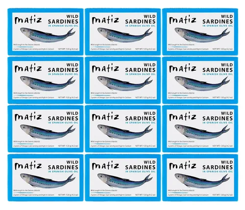 Vista 11 de Matiz Sardinas en Aceite de Oliva, Lata de 4.2 Onzas (Paquete de 5) Pescado Natural Silvestre Capturado Gourmet Español para Tapas, Aperitivos