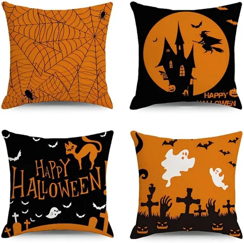 Vista 9 de MOJUN Juego de 4 fundas de almohada de Halloween de 18 x 18 pulgadas, fundas de almohada decorativas para sofá, sillón, casa rural, fiesta de Fundas