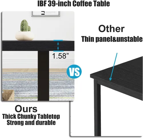 Vista 7 de Mesa de café IBF negra, mesa de centro minimalista industrial de madera, mesa moderna y simple rectangular para sala de estar, mesa de café y cóctel