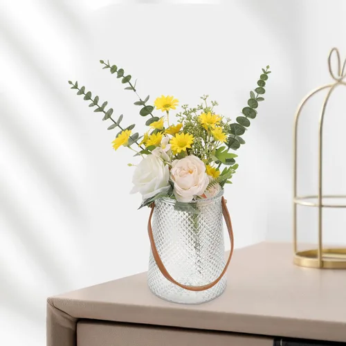 Vista 8 de TOYANDONA Florero decorativo de cristal con asa de cuero, florero para decoración del hogar, adecuado para arreglos florales y exhibición