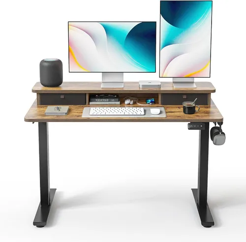 Vista 13 de FEZIBO Escritorio de pie de 48 x 24 pulgadas con altura ajustable, escritorio eléctrico de pie con doble cajón, escritorio de oficina en casa con 4