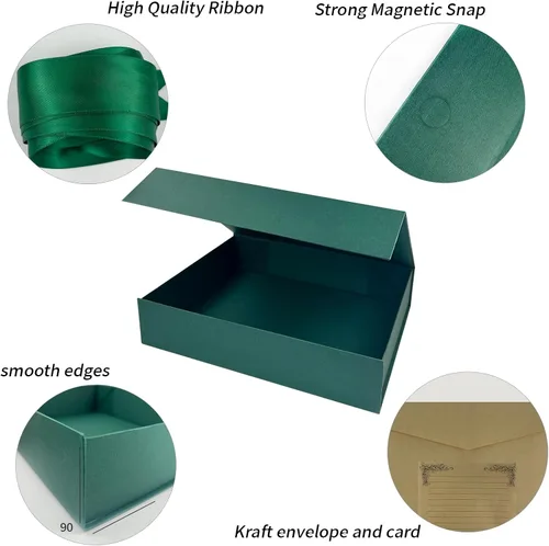 Vista 3 de YINUOYOUJIA Cajas de regalo de 13.8 x 10.5 x 3 pulgadas, caja de regalo grande con tapas, cinta y tarjeta, cajas de camisa plegables verdes, regalos
