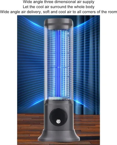 Vista 8 de Ventilador de torre de escritorio, ventilador silencioso sin aspas de 10 pulgadas con 3 niveles de velocidad, aire gran angular 3D, base ajustable