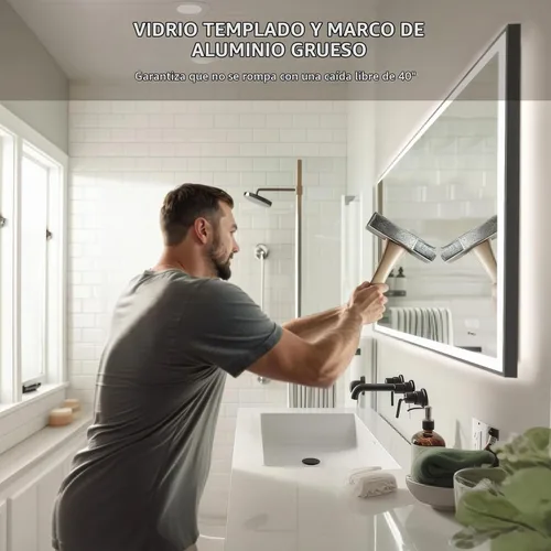 Vista 3 de Espejo de baño LED de 24x32'' con luz, marco de aluminio, regulable frontal y retroiluminado, antivaho, sin distorsión, memoria de luz, templado e