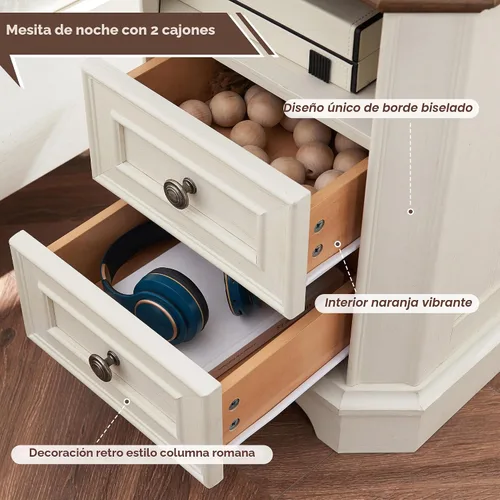 Vista 4 de T4TREAM - Mesa de noche rústica con estación de carga, mesa auxiliar de madera de 18 pulgadas con 2 cajones, para dormitorio y sala de estar
