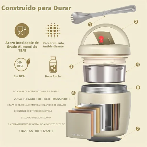 Vista 3 de Termo para Comida Caliente 32OZ, Frasco de Comida con Aislamiento al Vacío para Adultos, Termo de Sopa de Acero Inoxidable de Boca Ancha a Prueba
