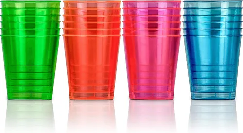 Vista 4 de DecorRack Vasos de chupito de neón de 2 onzas, 120 vasos de chupito de plástico, vasos desechables para fiesta, mini vasos de chupito