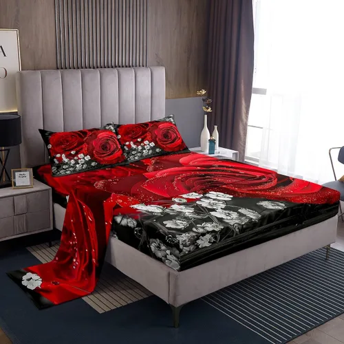 Vista 18 de Juego de sábanas de rosas rojas, tamaño individual, juego de sábanas florales de color rojo degradado y negro para niñas, mujeres, niños
