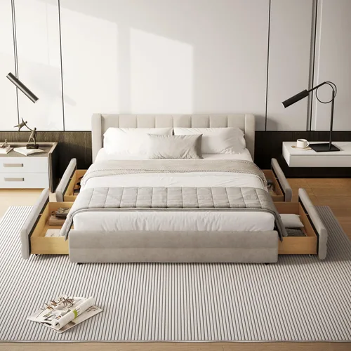 Vista 8 de DEINPPA Bastidor de cama tamaño Queen con 4 cajones de almacenamiento y cabecera suave tipo nube, base de madera con tapizado de chenilla, no Beige