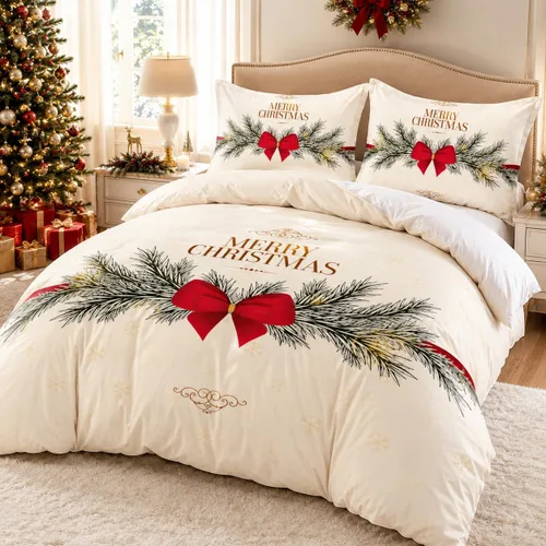 Vista 2 de Juego de funda de edredón de Navidad 3D, fundas de edredón y fundas de almohada con patrón de lazo rojo, juegos de ropa de cama de color pulido Chri