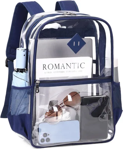 Vista 12 de MUSEVOS Mochila transparente, resistente bolsa de libros transparente para trabajo, seguridad, conciertos, universidad, PVC transparente aprobado
