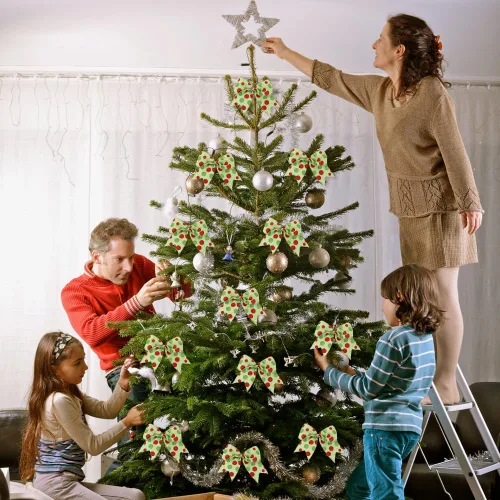 Vista 4 de DIYDEC 12 lazos ornamentales de Navidad de 6.3 pulgadas, lazos grandes para corona de Navidad, rojo y verde, lazos para árbol de Navidad con puntos