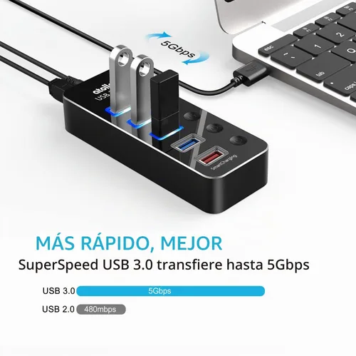 Vista 2 de Concentrador USB con alimentación, atolla Concentrador USB de aluminio de 5 puertos USB 3.0 con 4 puertos de datos USB 3.0 y 1 puerto de carga
