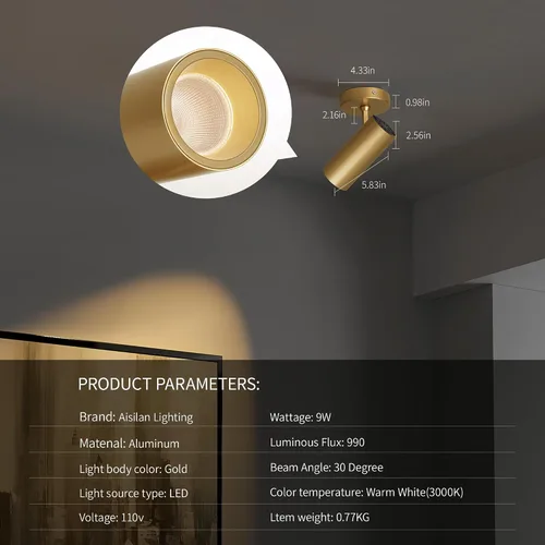 Vista 6 de Aisilan - Foco de techo LED dorado de 9 W regulable, direccional, para interiores, antirreflejos, ángulo ajustable, con cable para imagen