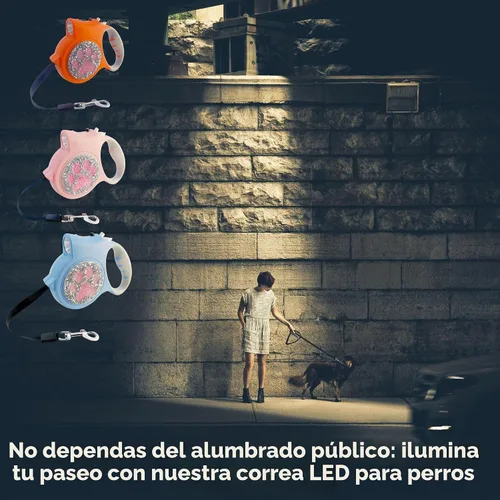 Vista 4 de Correa retráctil con luz LED para perros pequeños a medianos, extensible de 16 pies para paseos nocturnos seguros (negro)