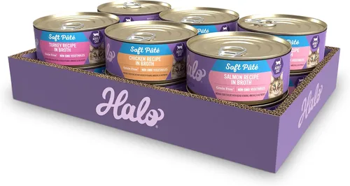 Vista 10 de Halo Paquete variado de comida húmeda para gatos, tres patés húmedos enlatados para gatos, pollo, pavo y pescado blanco, lata de 5.5 onzas