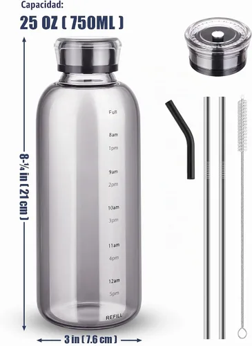 Vista 7 de NiHome Botella de agua de vidrio de 25 oz/25.4 fl oz con pajitas de metal Gris ahumado