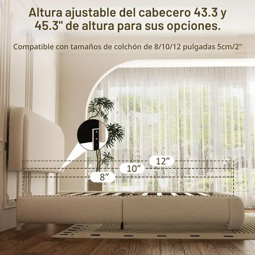 Vista 6 de Base de cama tamaño Queen, marco de cama de terciopelo Teddy Boucle con cabecera tapizada ajustable de 43.3"/45.3", esquinas redondeadas, base