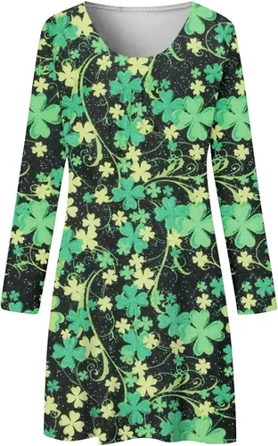 Vista 2 de Vestido de manga larga con estampado cómodo para mujer, casual, cuello redondo, vestido de playa