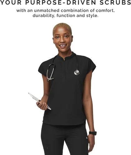 Vista 7 de Figs - Uniforme médico de mujer Rafaela, de dos bolsillos, cuello mandarín, ajuste holgado con elásticos suaves.