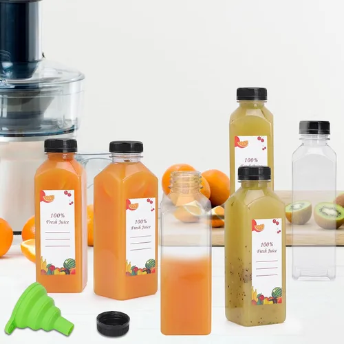 Vista 5 de OBKJJ Botellas de plástico para jugo, 150 piezas, 16 oz, botellas de agua de plástico vacías con tapas, recipientes transparentes reutilizables
