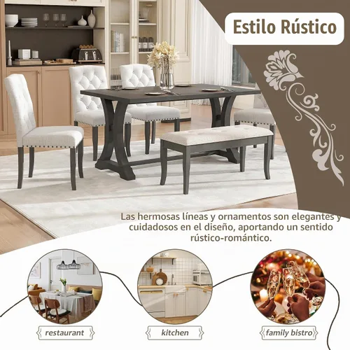 Vista 7 de Juego de mesa de comedor de 6 piezas estilo granja, mesa rectangular con soporte y 4 sillas tapizadas y banco, juego de muebles de cocina