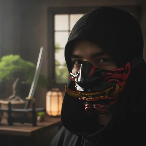 Vista 7 de Máscara de media cara de samurái japonés, máscara de cosplay de Hannya Oni para fiesta de Halloween, accesorios de cosplay