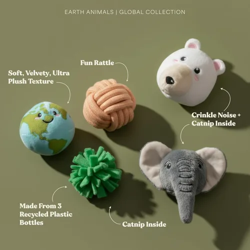 Vista 2 de Juguetes para gatos Juguete de peluche de animales terrestres (paquete de 5 unidades) Juguetes para gatos de interior Juguete ecológico hecho